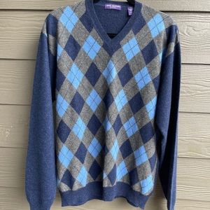 JOHN ASHFORD 100%CASHMERE V-NECK SWEATER ARGYLE. L